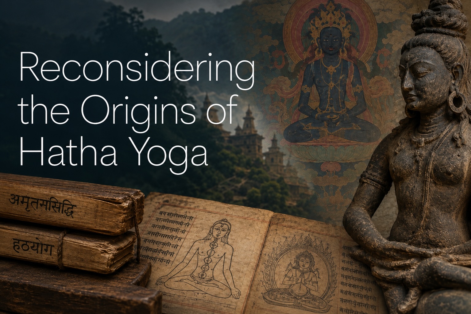 Palm-leaf manuscripts of the Amṛtasiddhi and Haṭhayoga beside a medieval stone sculpture and a Vajrayāna Buddhist painting, with Himalayan temples behind
